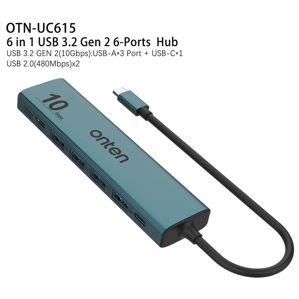 ONTEN UC615 USB-C Hub 4 x USB3.2 Gen2 + 2 x USB-A + USB-C Power Port Adapter