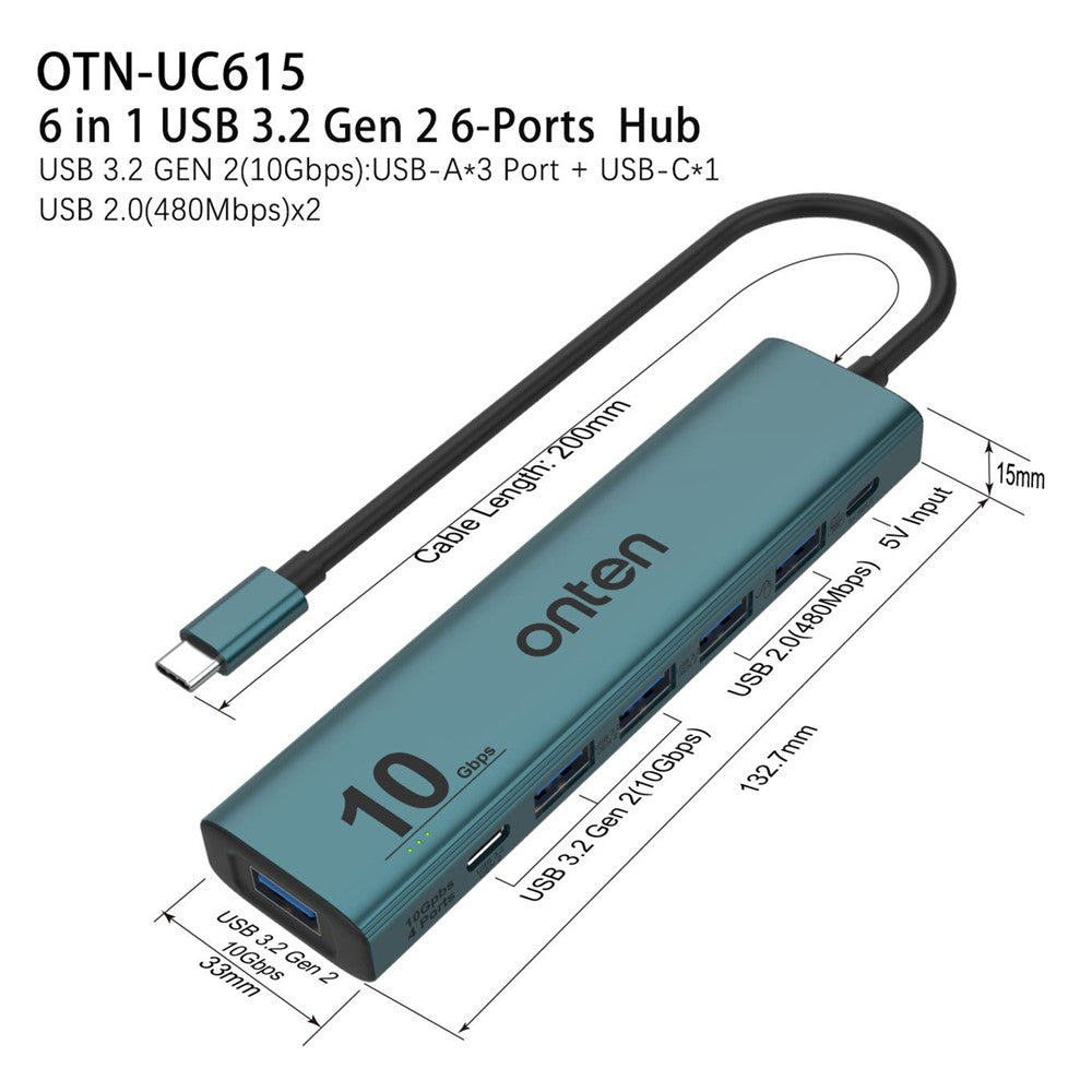 ONTEN UC615 USB-C Hub 4 x USB3.2 Gen2 + 2 x USB-A + USB-C Power Port Adapter
