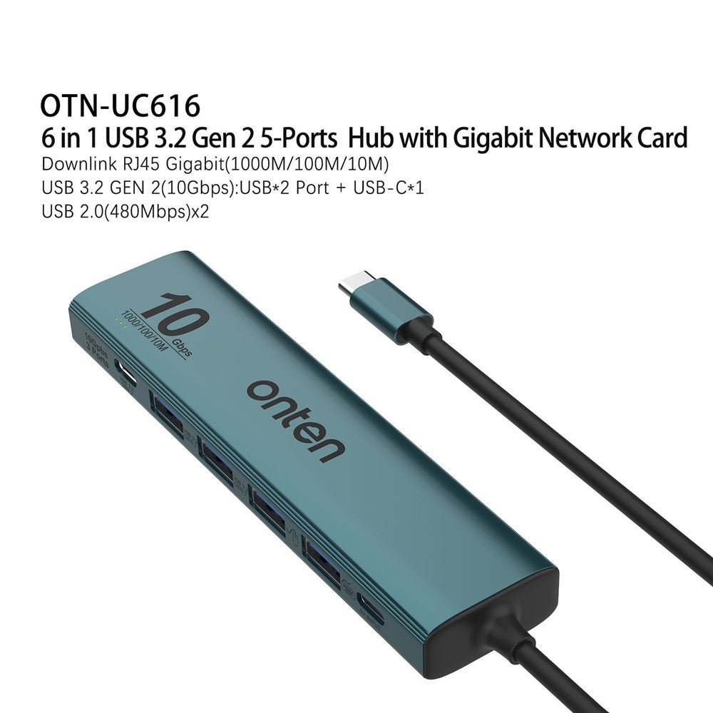 ONTEN UC616 USB-C to Gigabit Ethernet Adapter 3 USB3.2 Gen2 + 2 USB2.0 + USB-C Power Port Hub