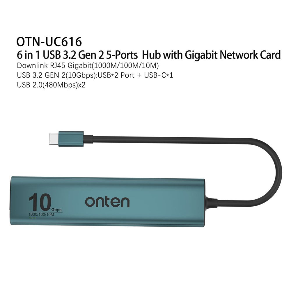 ONTEN UC616 USB-C to Gigabit Ethernet Adapter 3 USB3.2 Gen2 + 2 USB2.0 + USB-C Power Port Hub