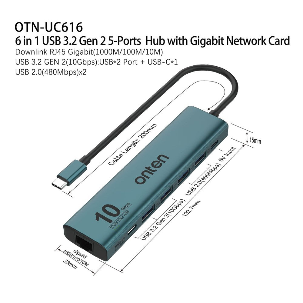 ONTEN UC616 USB-C to Gigabit Ethernet Adapter 3 USB3.2 Gen2 + 2 USB2.0 + USB-C Power Port Hub