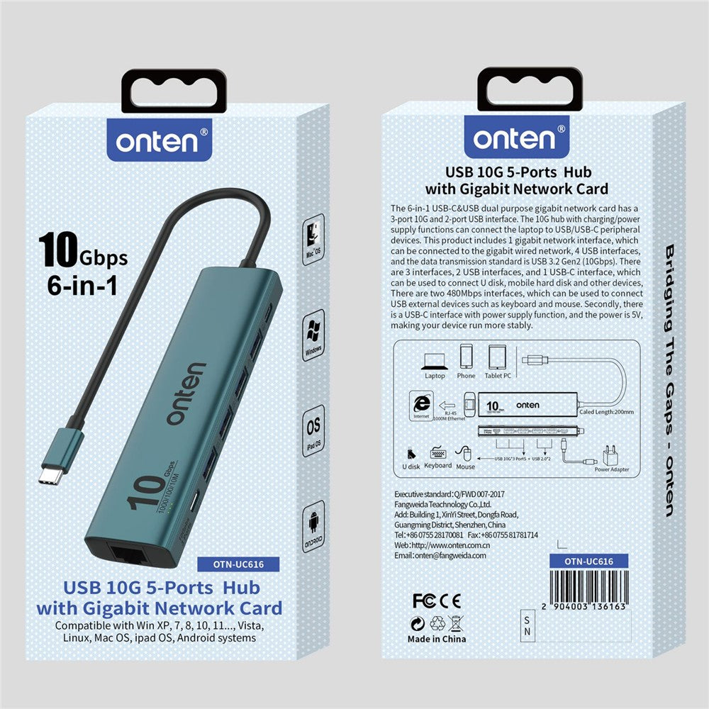 ONTEN UC616 USB-C to Gigabit Ethernet Adapter 3 USB3.2 Gen2 + 2 USB2.0 + USB-C Power Port Hub
