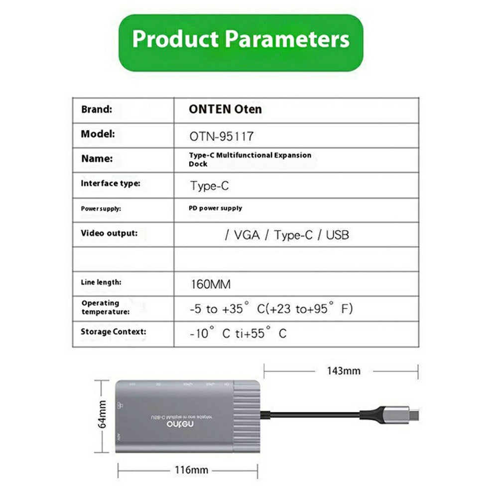 ONTEN RJ45 Gigabit Adapter HUB3.0 Type-C to HDMI 8 in 1 Computer Docking Station For MacBook Pro / Chromebook / Windows