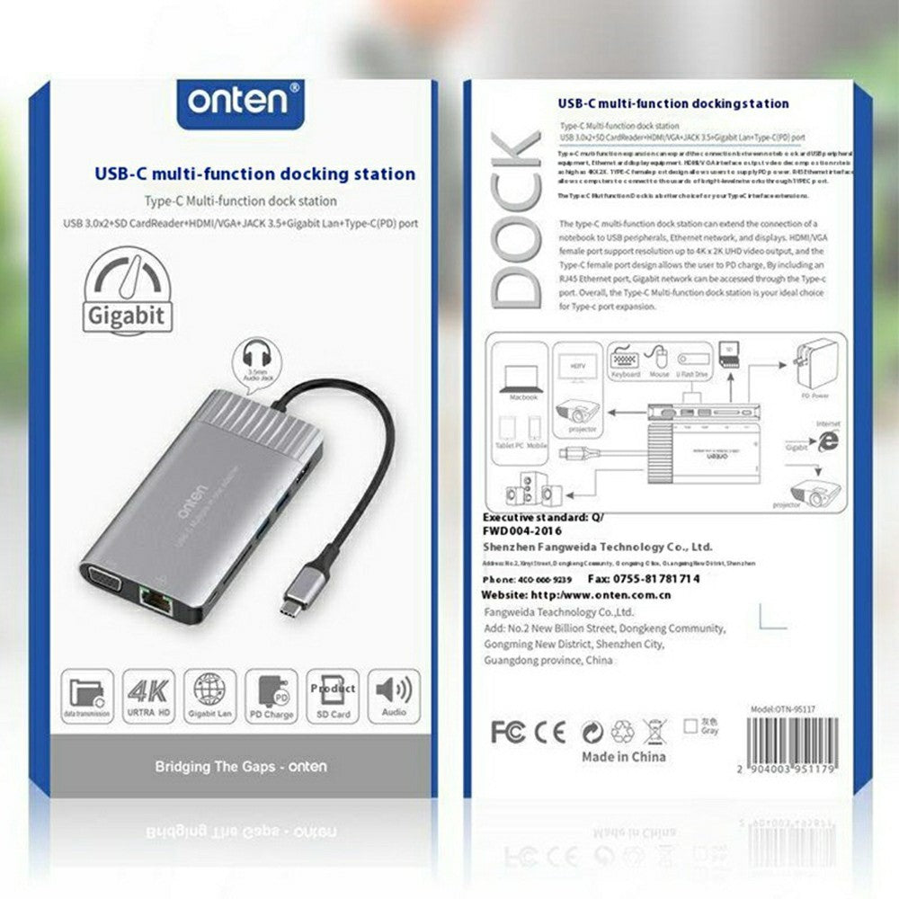 ONTEN RJ45 Gigabit Adapter HUB3.0 Type-C to HDMI 8 in 1 Computer Docking Station For MacBook Pro / Chromebook / Windows