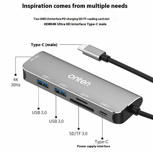 ONTEN 95116 6 in 1 Hub Type-C to HDMI + 2 USB-A 3.0 + USB-C + SD / TF Card Reader Docking Station