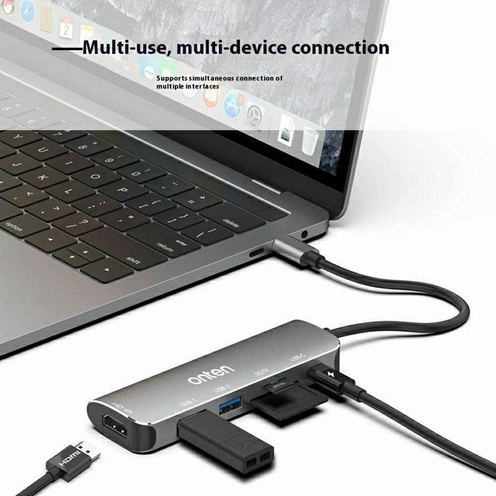 ONTEN 95116 6 in 1 Hub Type-C to HDMI + 2 USB-A 3.0 + USB-C + SD / TF Card Reader Docking Station
