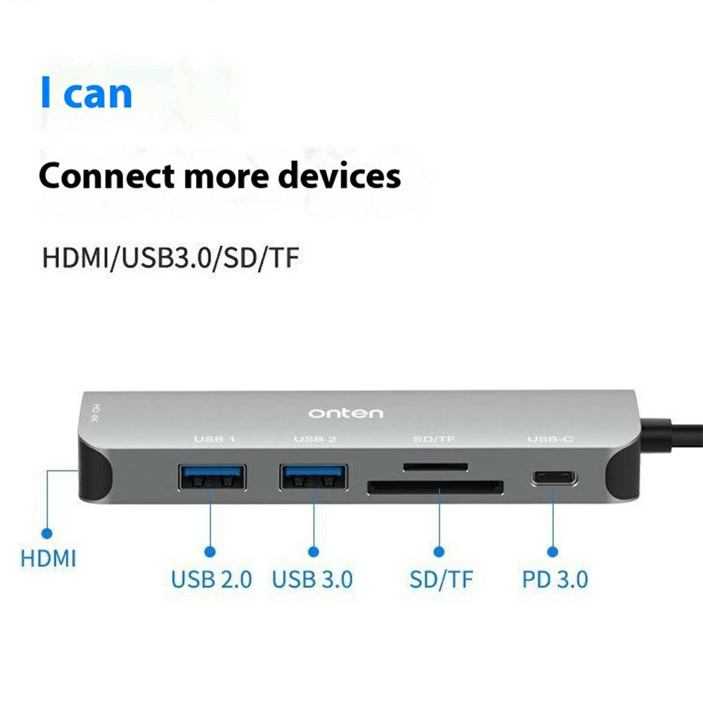 ONTEN 95116D Type-C 6 in 1 Hub Docking Station 4K HDMI USB3.0 USB2.0 PD3.0 TF SD Card Reader Adapter