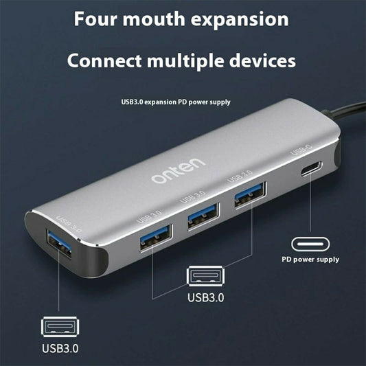 ONTEN 95116S Type-C to 4 x USB3.0 + PD3.0 Adapter Aluminum Alloy USB Hub Splitter