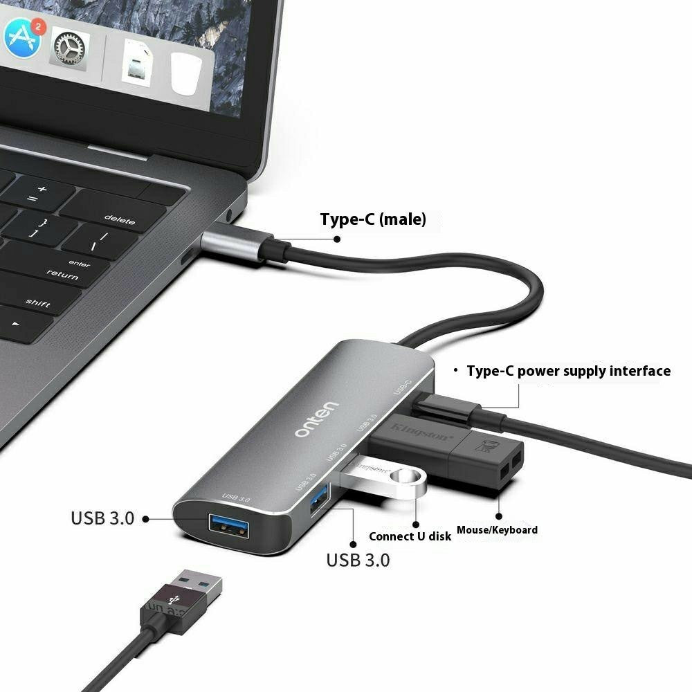 ONTEN 95116S Type-C to 4 x USB3.0 + PD3.0 Adapter Aluminum Alloy USB Hub Splitter