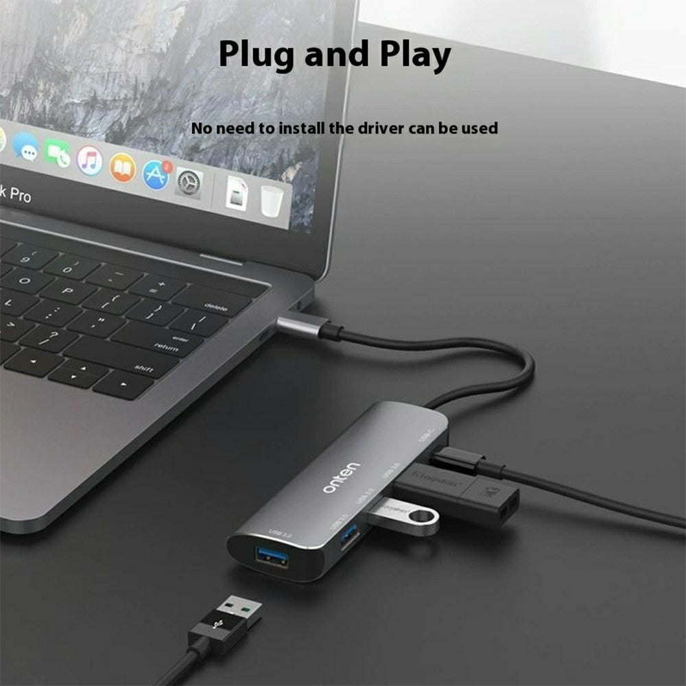ONTEN 95116S Type-C to 4 x USB3.0 + PD3.0 Adapter Aluminum Alloy USB Hub Splitter