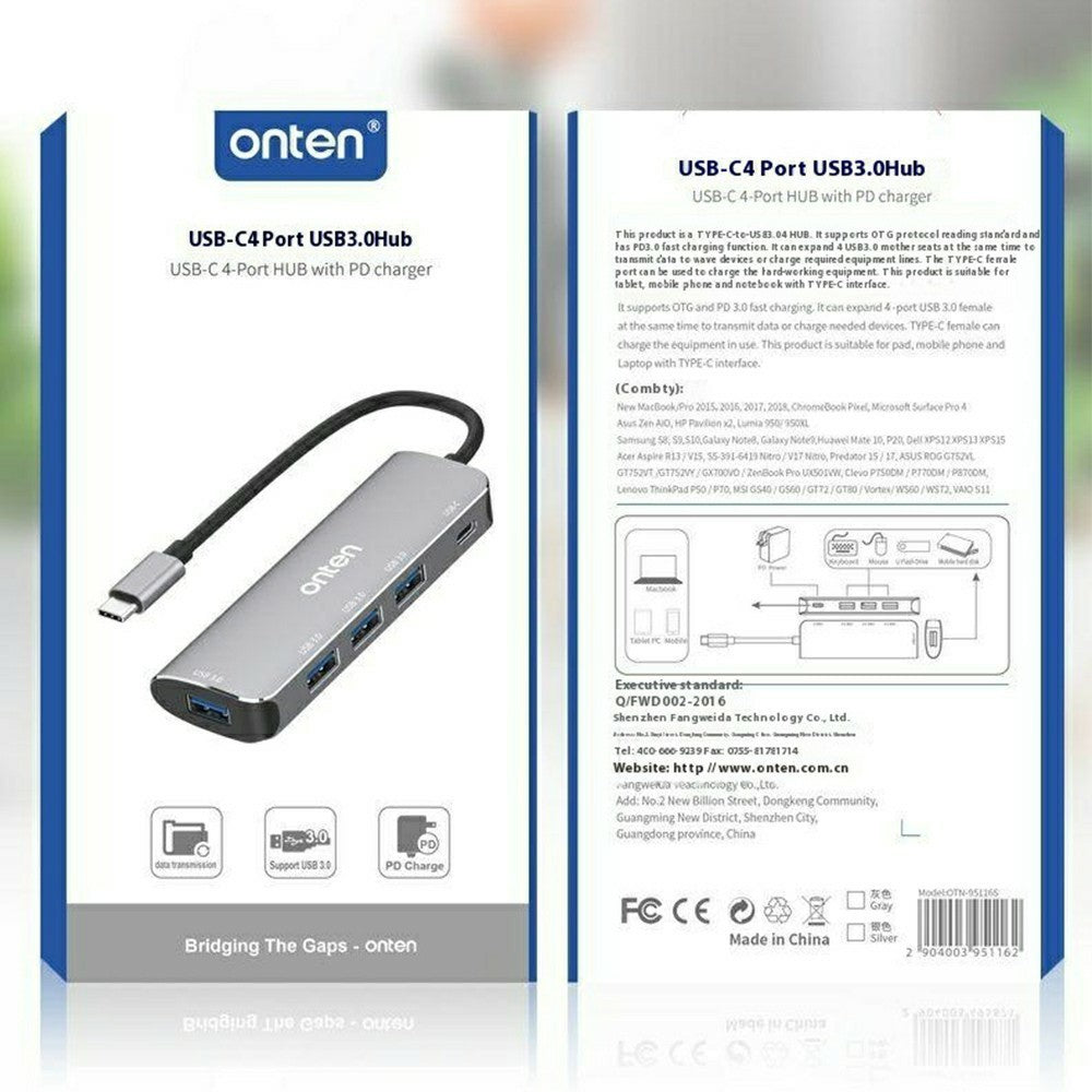 ONTEN 95116S Type-C to 4 x USB3.0 + PD3.0 Adapter Aluminum Alloy USB Hub Splitter