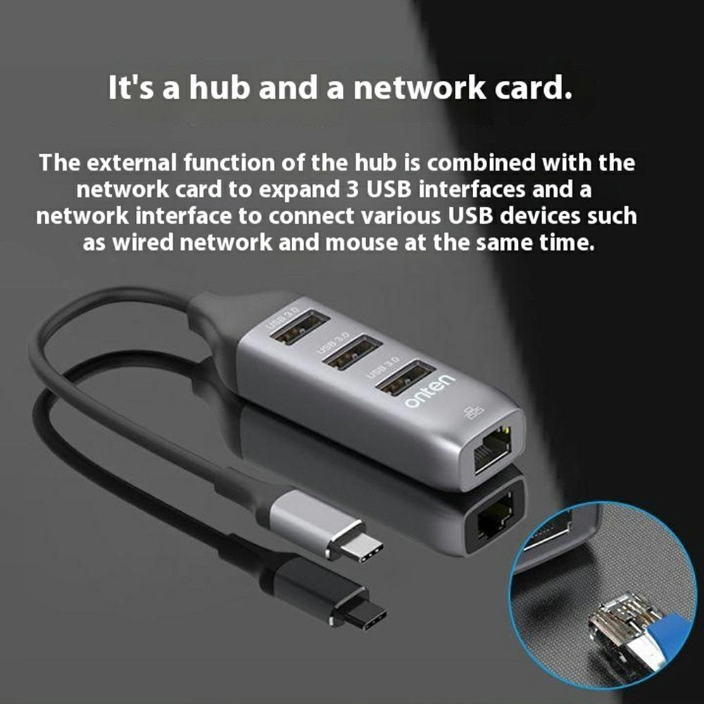 ONTEN 95118R Type-C to RJ45 Gigabit Ethernet Port + 3 x USB3.0 Hub 1000M Network Adapter