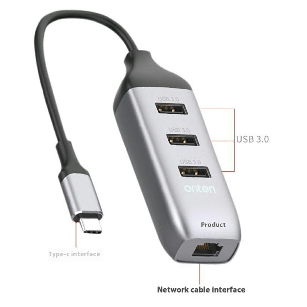 ONTEN 95118R Type-C to RJ45 Gigabit Ethernet Port + 3 x USB3.0 Hub 1000M Network Adapter