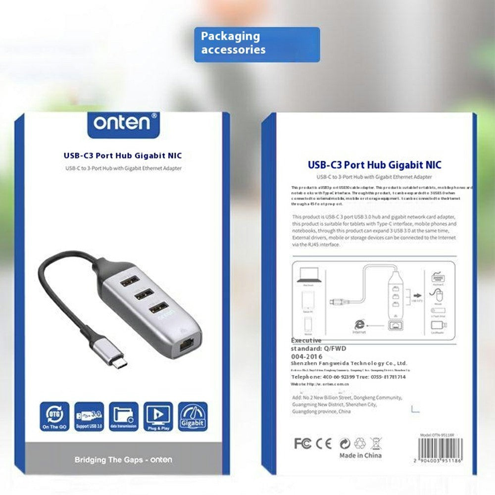 ONTEN 95118R Type-C to RJ45 Gigabit Ethernet Port + 3 x USB3.0 Hub 1000M Network Adapter