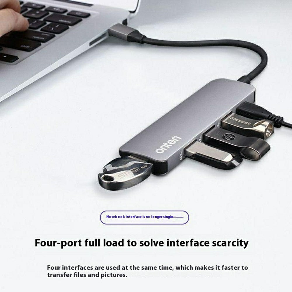 ONTEN 9602 Type-C to 4 x USB3.0 + PD3.0 Hub 5Gbps High Speed Data Transfer Aluminum Alloy Adapter