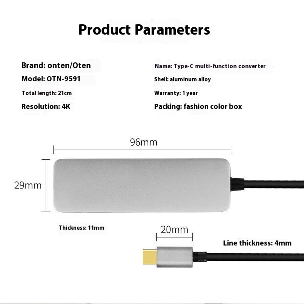 ONTEN OTN-9591 5 in 1 Multifunction USB-C Hub 4K HD 2xUSB 3.0 SD / TF Slots Aluminum Alloy Expansion Dock