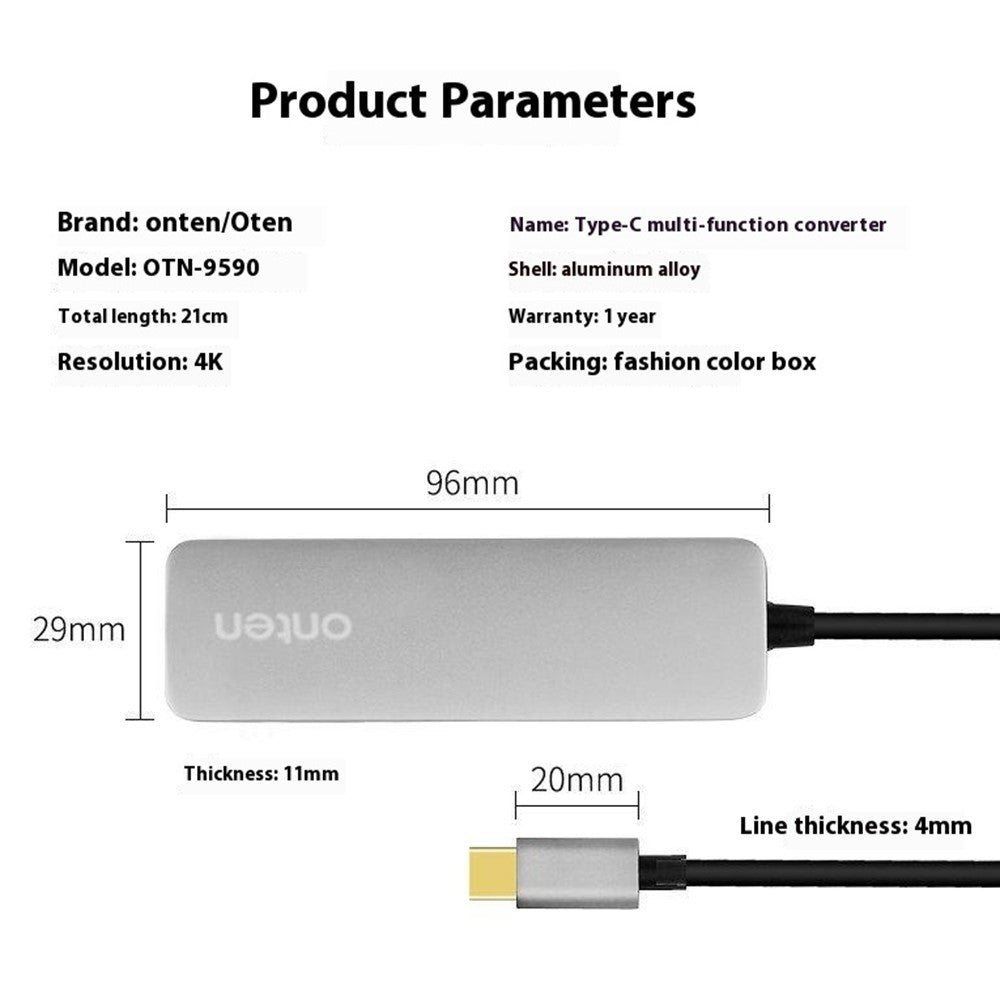ONTEN OTN-9590 Multifunction Type-C Hub 4K 30Hz HD 2xUSB3.0 PD3.0 Charging Adapter