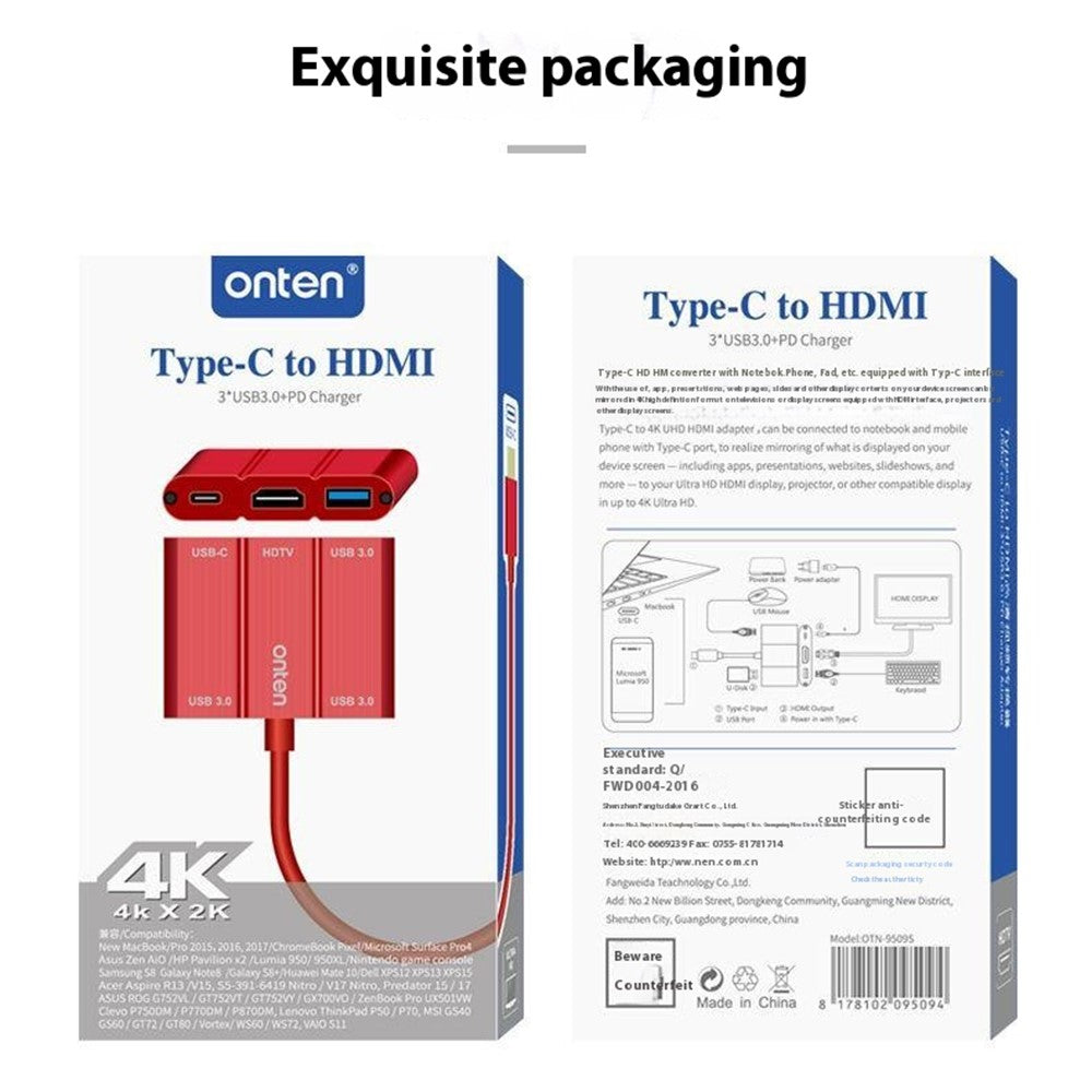 ONTEN OTN-9509S Type-C to 4K / 2K HD + Type-C + 3xUSB3.0 Converter 5 in 1 Hub Adapter