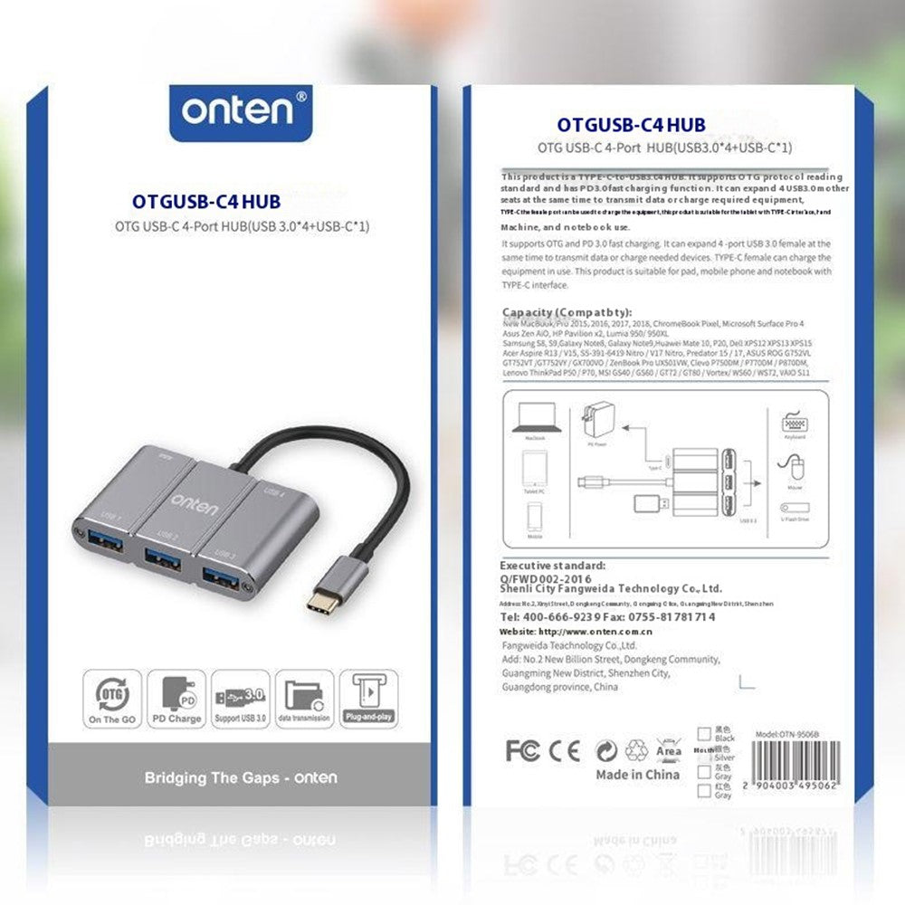 ONTEN 9506B High Speed 4 x USB 3.0 Hub 5Gbps Transfer Rate Aluminum Alloy Type-C Expansion Adapter