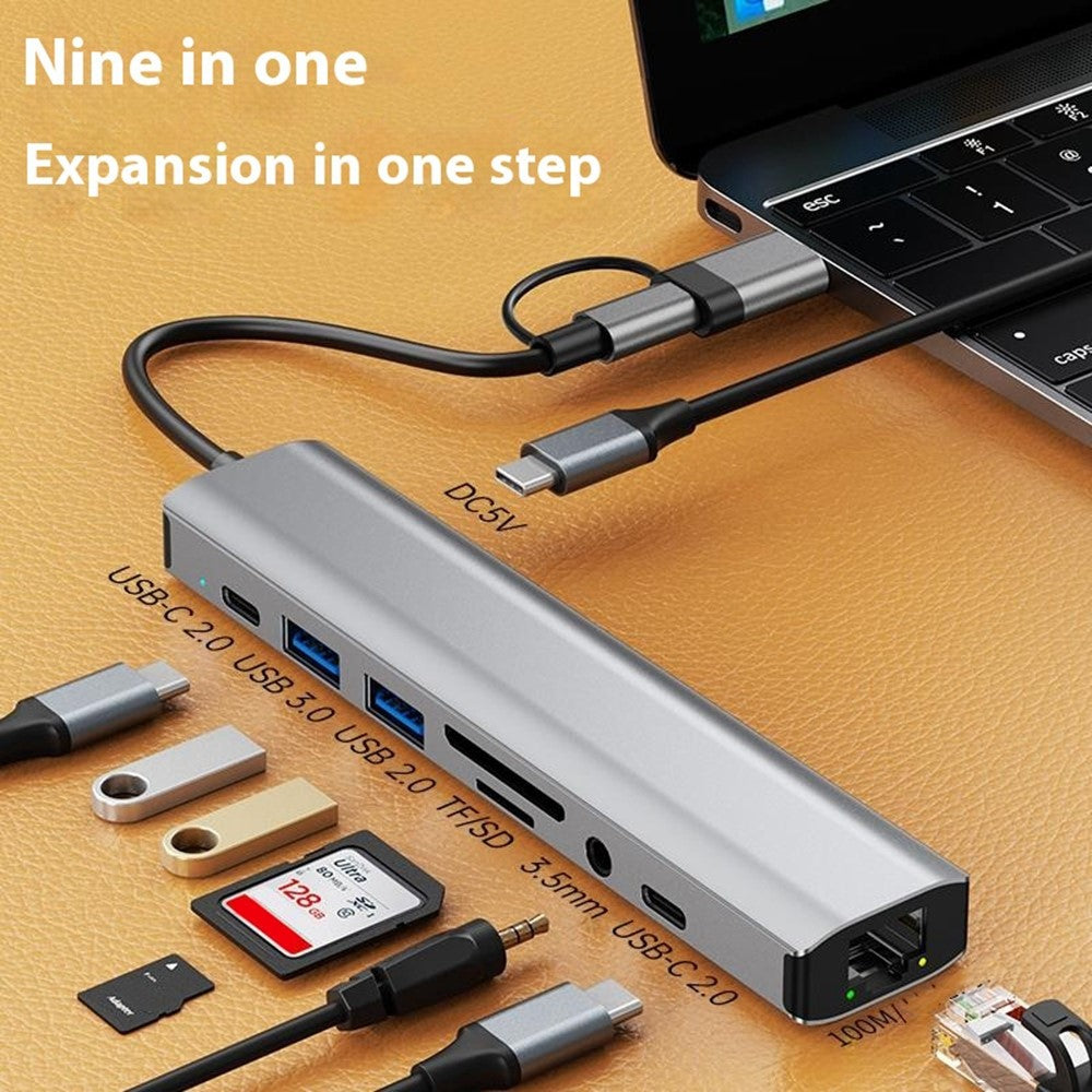 2509 USB-C / USB Hub 9 in 1 Docking Station RJ45 USB3.0 USB2.0 USB-C2.0 3.5mm DC5V SD / TF Card Reader Adapter