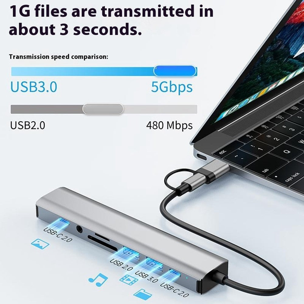 2509 USB-C / USB Hub 9 in 1 Docking Station RJ45 USB3.0 USB2.0 USB-C2.0 3.5mm DC5V SD / TF Card Reader Adapter