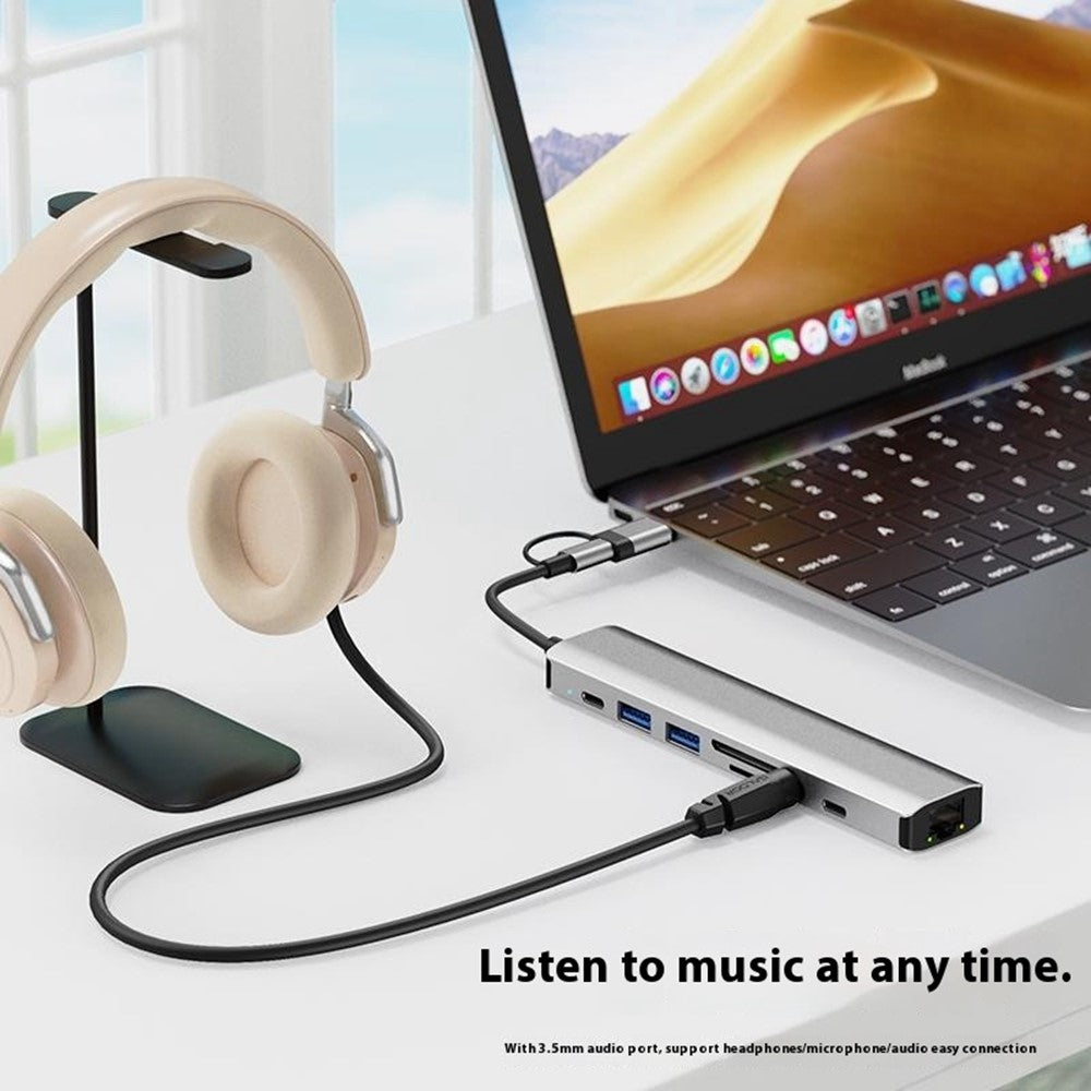 2509 USB-C / USB Hub 9 in 1 Docking Station RJ45 USB3.0 USB2.0 USB-C2.0 3.5mm DC5V SD / TF Card Reader Adapter