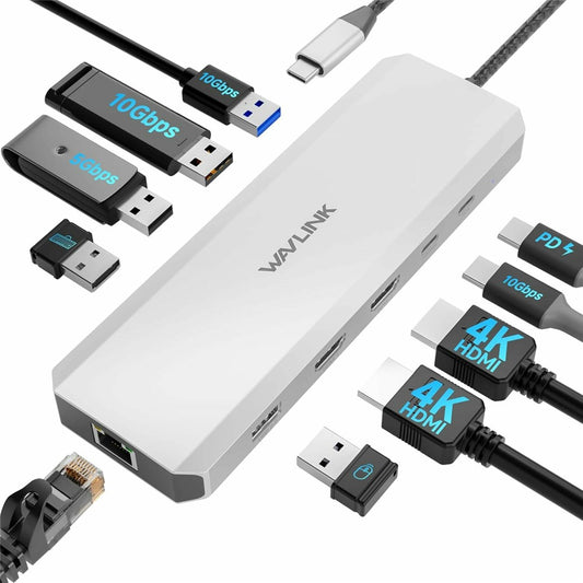 WAVLINK UMD309 10 in 1 USB-C Hub Dual HD 100W PD 10Gbps USB-A USB-C Docking Station