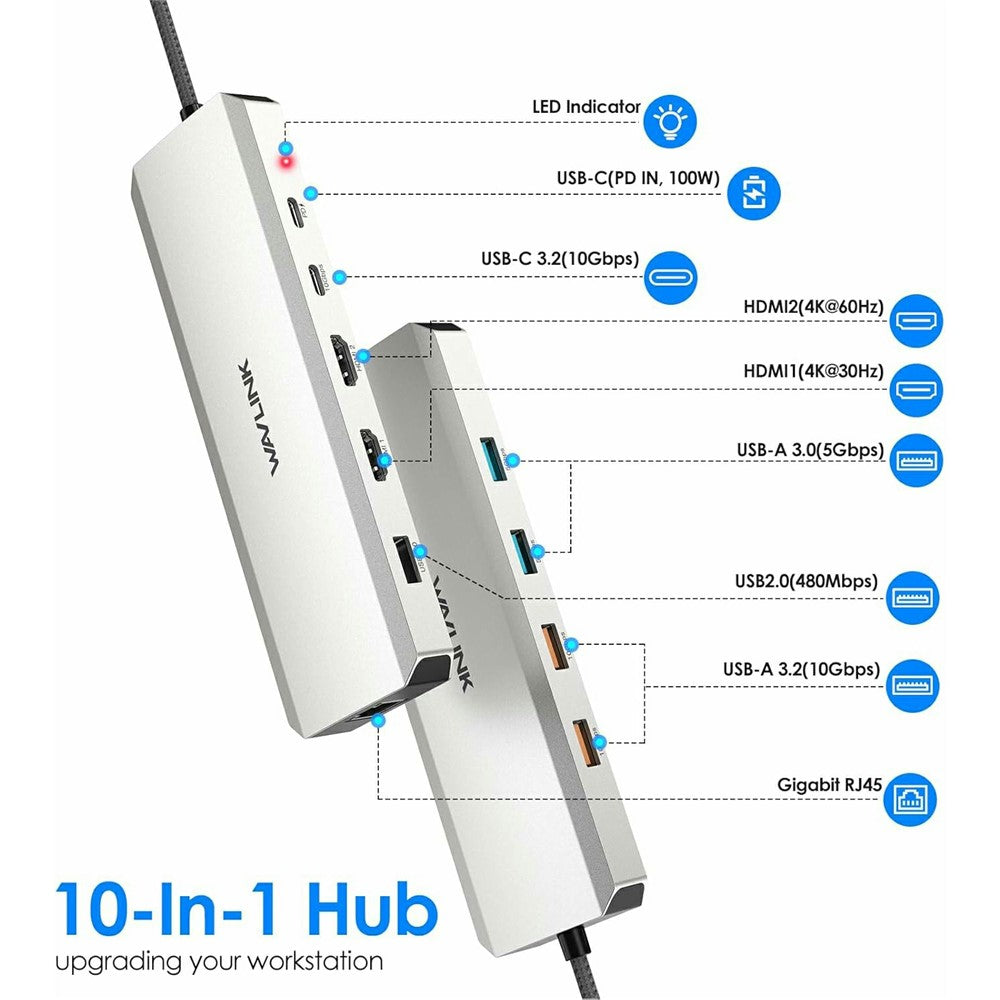 WAVLINK UMD309 10 in 1 USB-C Hub Dual HD 100W PD 10Gbps USB-A USB-C Docking Station