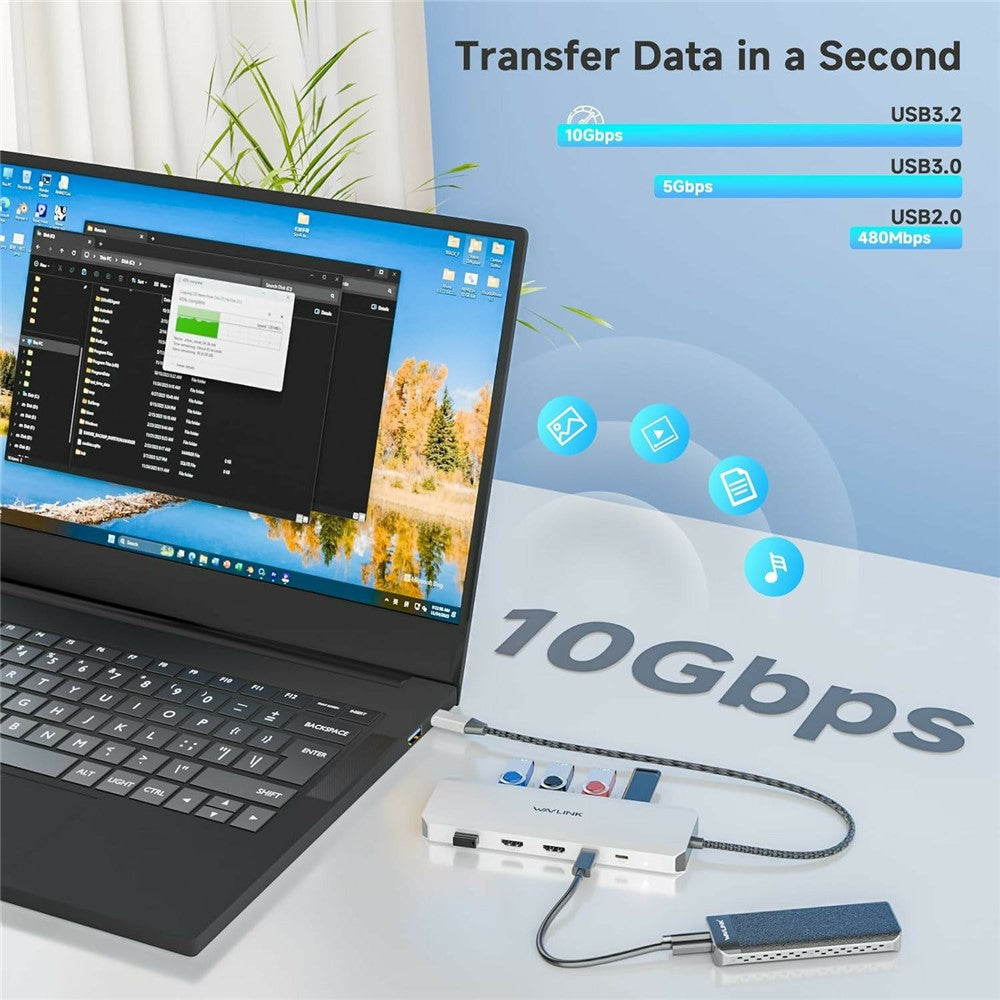 WAVLINK UMD309 10 in 1 USB-C Hub Dual HD 100W PD 10Gbps USB-A USB-C Docking Station