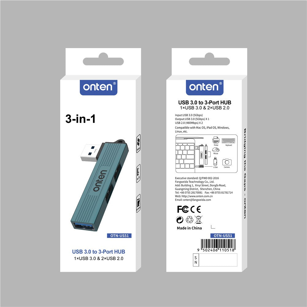 ONTEN OTN-US51 USB-A to 2xUSB 2.0 + USB3.0 Hub High Speed Data Transfer Aluminum Alloy Adapter