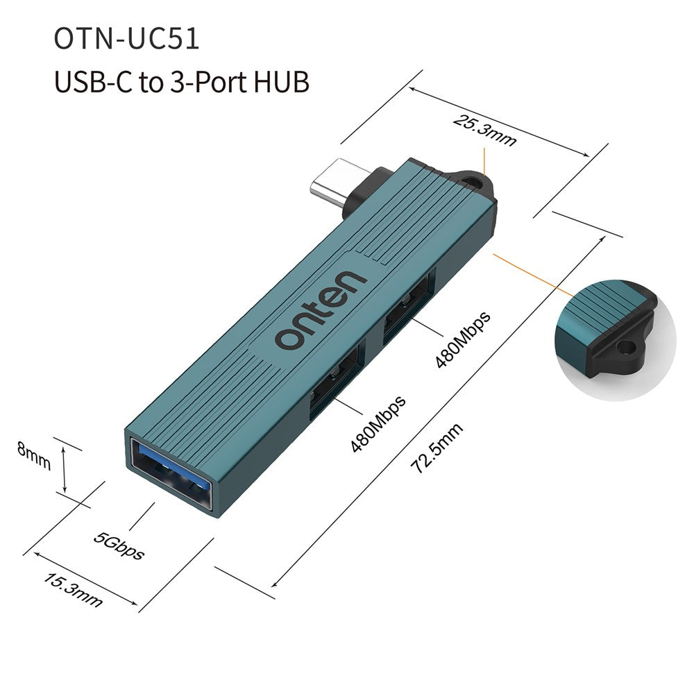 ONTEN OTN-UC51 USB-C Hub USB3.0 + 2xUSB2.0 Splitter Expansion Adapter for Laptop Tablet Smartphone