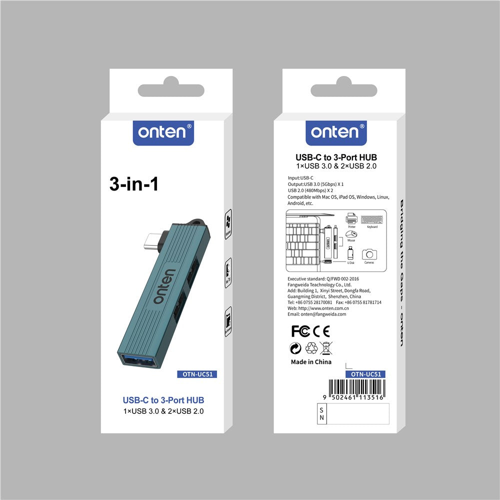 ONTEN OTN-UC51 USB-C Hub USB3.0 + 2xUSB2.0 Splitter Expansion Adapter for Laptop Tablet Smartphone