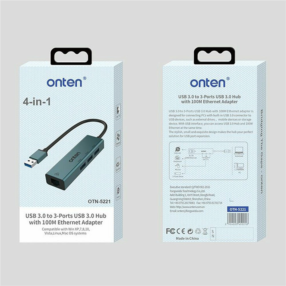 ONTEN 5221 4 in 1 USB Hub Ethernet Adapter 100Mbps Network Card 3xUSB 3.0 Expansion Dock