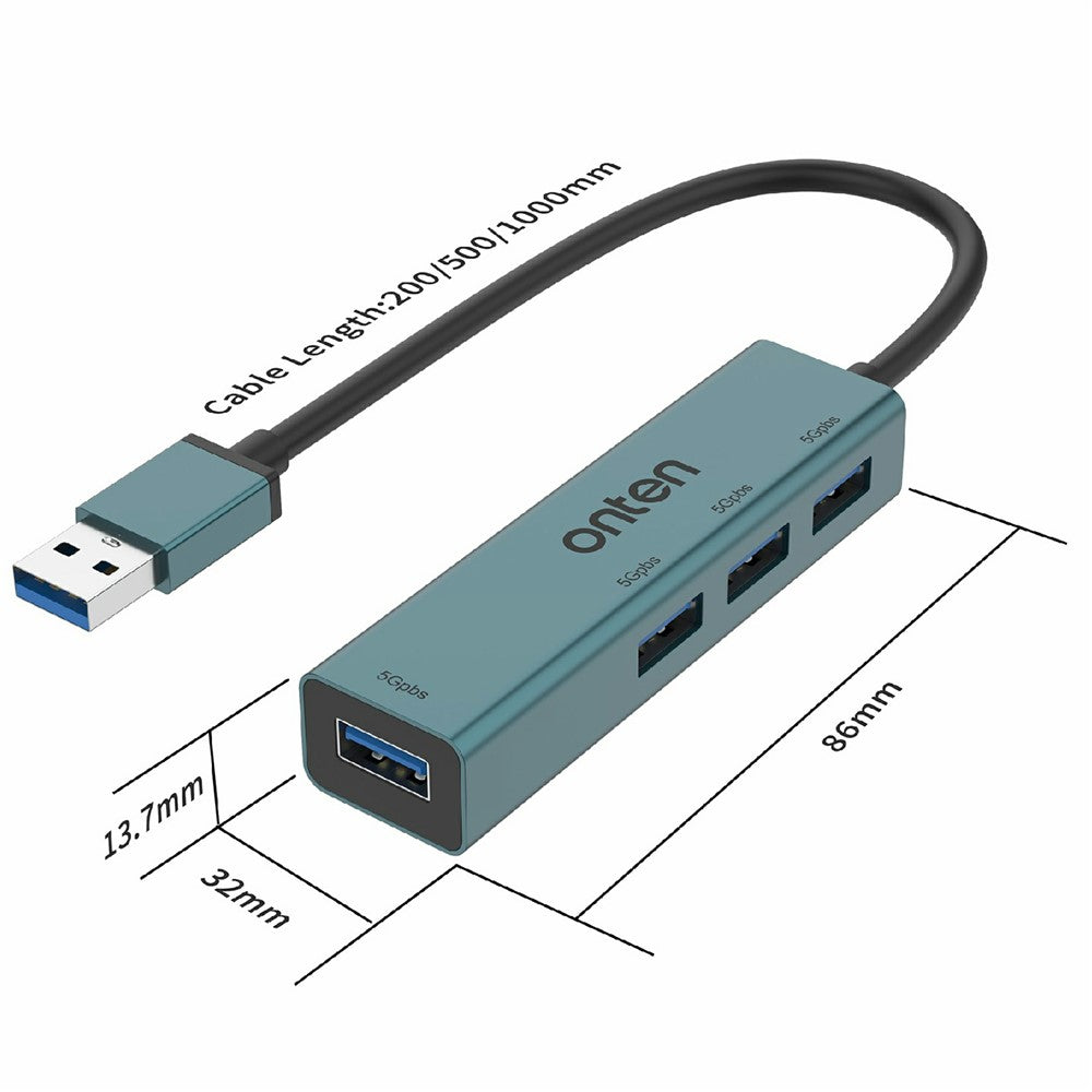 ONTEN 5222 4 in 1 USB Hub Aluminum Alloy 5Gbps Data Transfer 4xUSB 3.0 Splitter Adapter