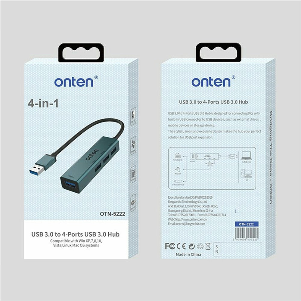 ONTEN 5222 4 in 1 USB Hub Aluminum Alloy 5Gbps Data Transfer 4xUSB 3.0 Splitter Adapter