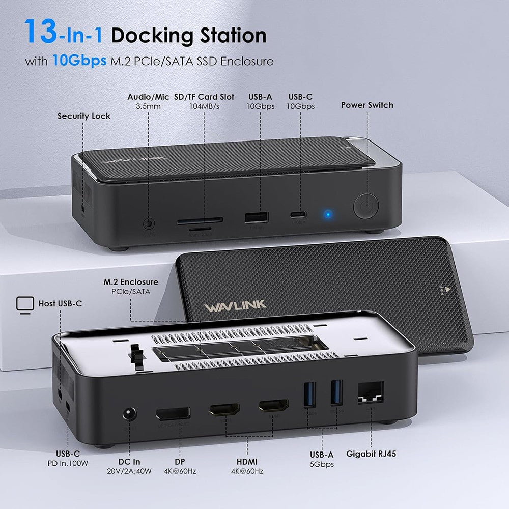 WAVLINK UMD23M 13 In 1 USB C Hub with 10Gbps M.2 Pcie / SATA SSD Enclosure Docking Station for Laptop Tablet