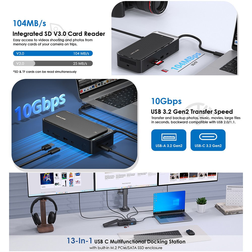 WAVLINK UMD23M 13 In 1 USB C Hub with 10Gbps M.2 Pcie / SATA SSD Enclosure Docking Station for Laptop Tablet