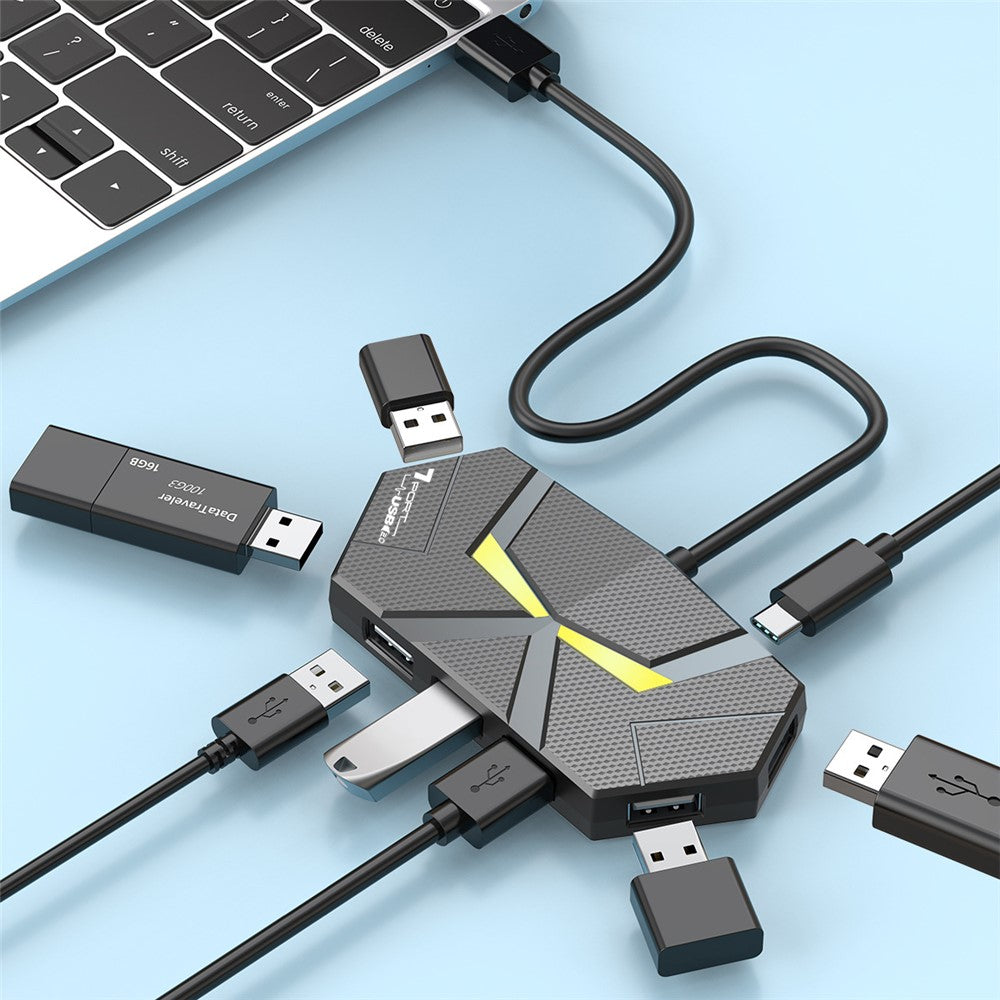 1.2m USB 2.0 Hub 7 Ports Adapter Multi-Port Extender with Power Delivery / RGB Light for PC Laptop