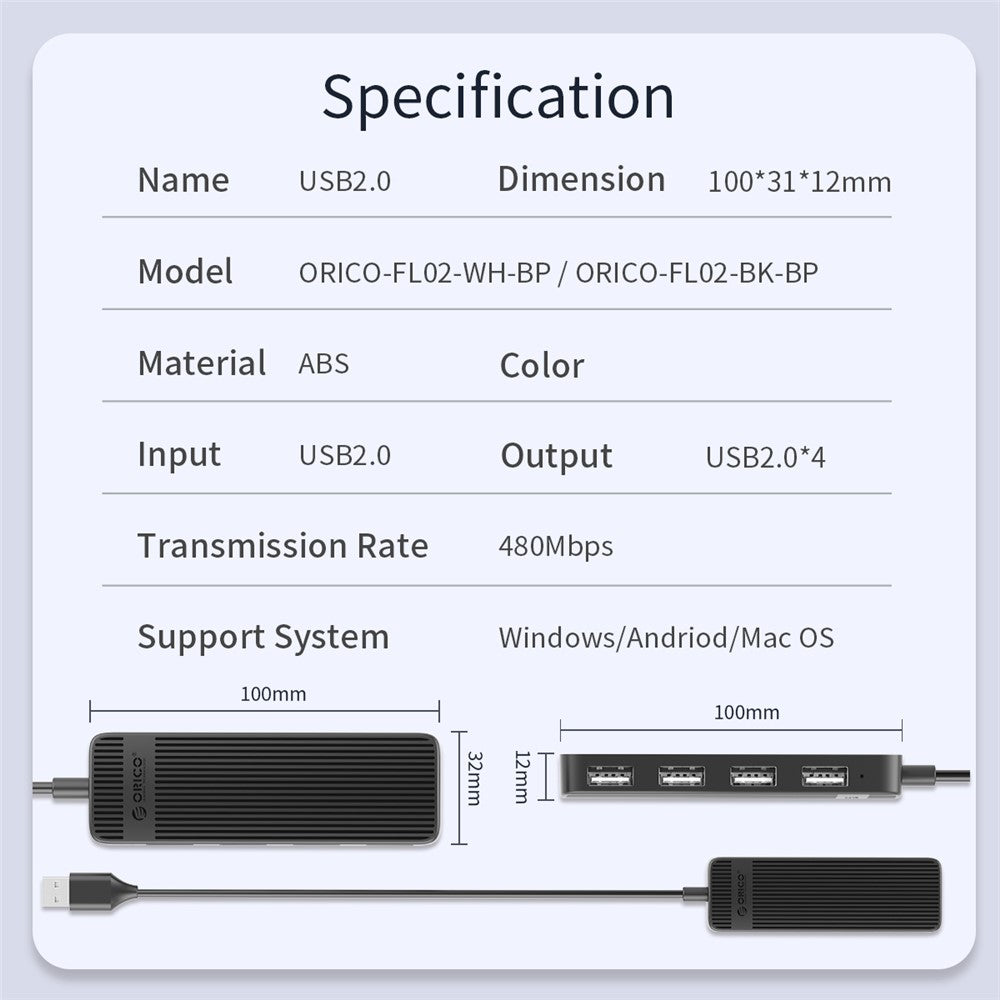ORICO FL02 Multi-Port USB2.0 Hub Mini Portable Mini USB Adapter High-speed Sync Converter for Laptops