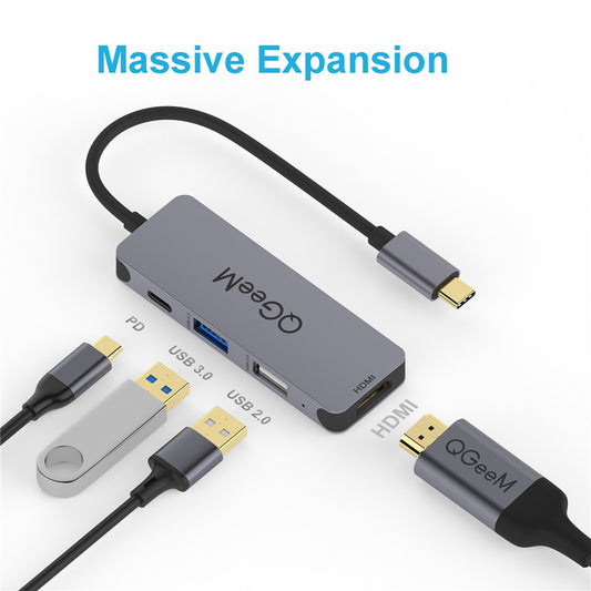 QGEEM UH04-1 USB C Hub to 4K Resolution HD Video+USB 3.0+100W PD Charger+USB 2.0 Adapter for MacBook Pro 2019/2018 and Other Type-C Devices