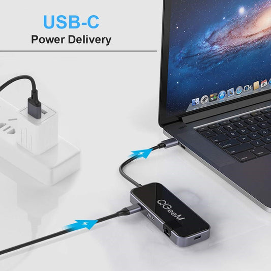 QGEEM UH06-1 USB C Hub with 2xUSB 3.0 Ports + Resolution HD Video Port + Gigabit Ethernet Port + PD Charging Port + SuperSpeed Type C Port