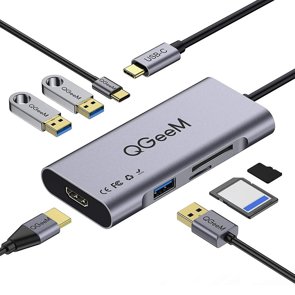 QGEEM QG-UH07-3 7-in-1 Type-C Docking Station Multi-Port USB-C Hub Support HD Compatible Chromebook Thunderbolt 3
