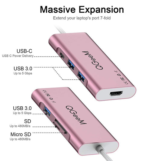 QGEEM QG-UH07-6 Multi-functional USB-C Hub 7 in 1 Type-C Docking Station Support HD 4K PD100W SD/TF Card Reader