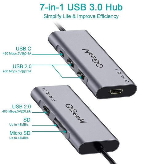 QGEEM QG-UH07-A 7-in-1 USB A Docking Station Multi-Port USB 3.0 Hub Supports HD/SD/TF Compatible with Chromebook Thunderbolt 3