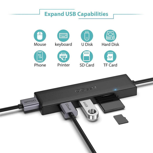 QGEEM QG-UH05-1A 5 in 1 Ultra Slim USB A Docking Station Multi-Port USB Hub to 3 USB 3.0 SD/TF Card Reader Adapter with 0.8m Extended Cable
