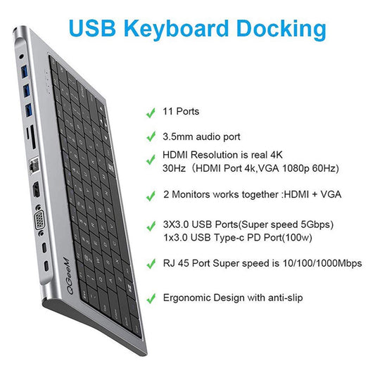 QGEEM QG-UH11-2 11-in-1 Type-C Docking Station with Keyboard USB-C Hub with 4K HD SD/TF/3.5mm Audio Ports Support PD Charging