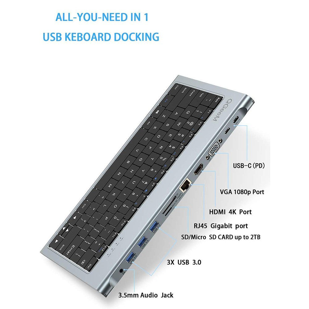 QGEEM QG-UH11-2 11-in-1 Type-C Docking Station with Keyboard USB-C Hub with 4K HD SD/TF/3.5mm Audio Ports Support PD Charging