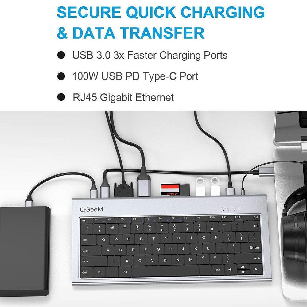 QGEEM QG-UH11-2 11-in-1 Type-C Docking Station with Keyboard USB-C Hub with 4K HD SD/TF/3.5mm Audio Ports Support PD Charging
