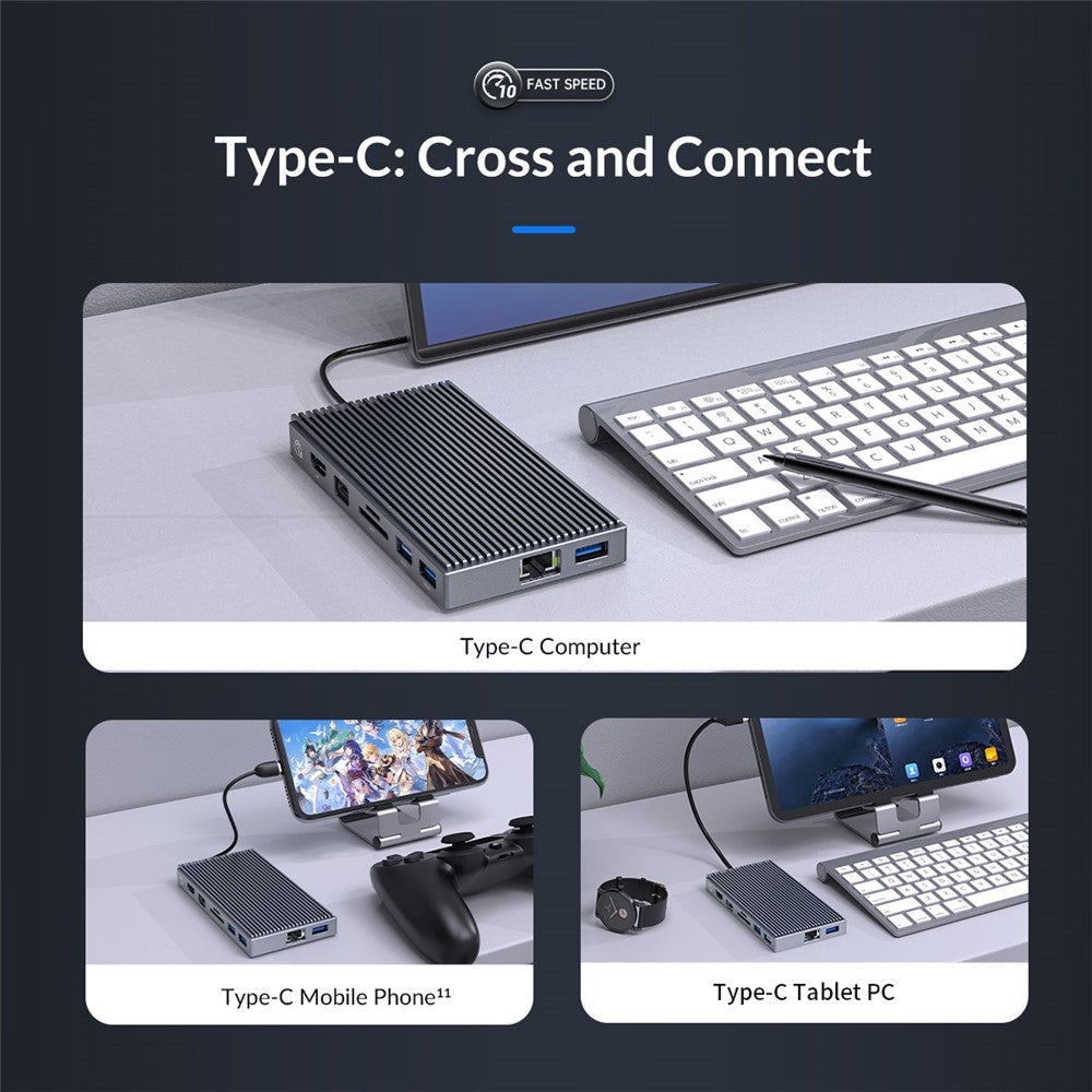ORICO CDH-9N Multi-Port Docking Station Mini USB Hub with 10Gbps USB3.1/HD/Gigabit LAN/3.5mm Audio Jack for Laptop