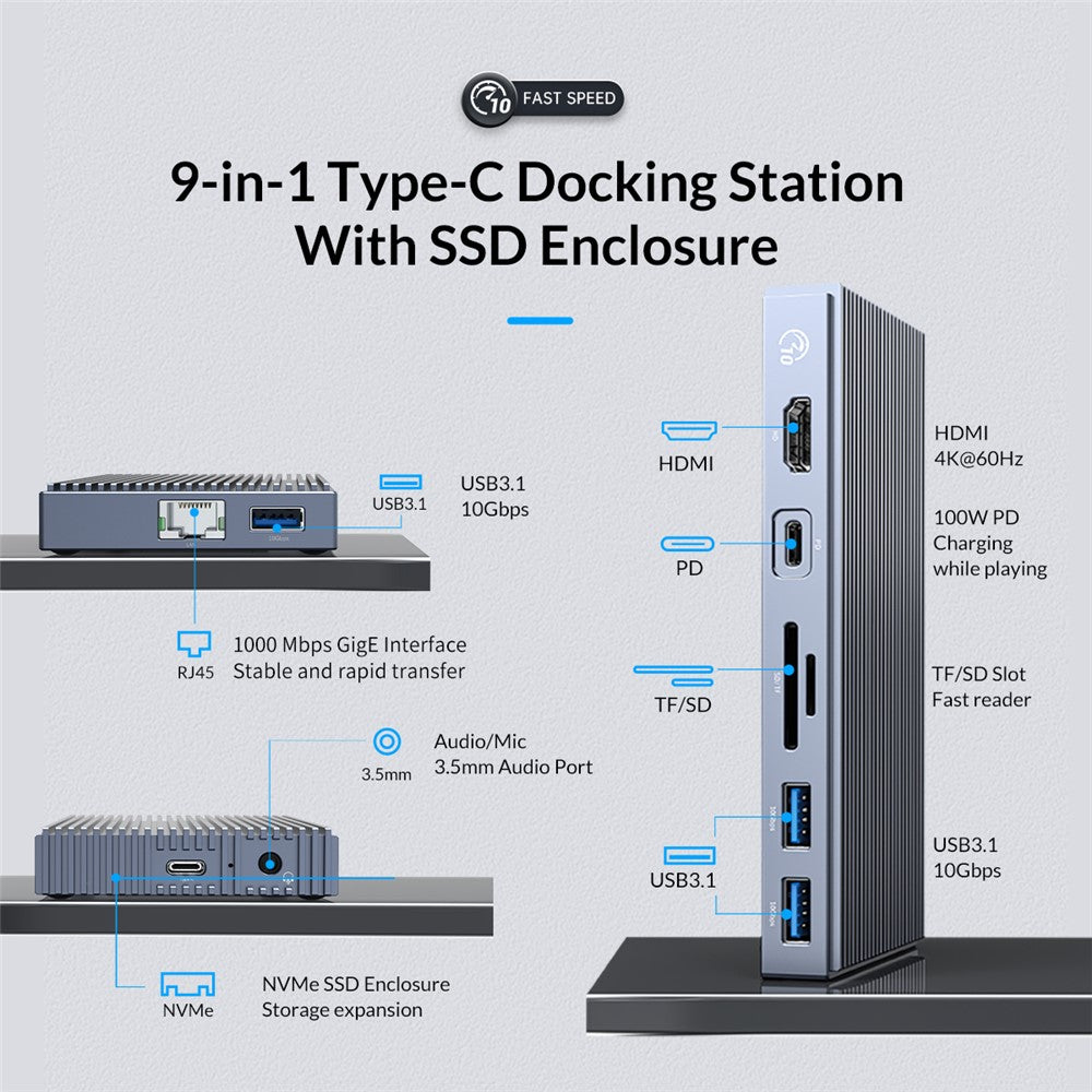 ORICO CDH-9N Multi-Port Docking Station Mini USB Hub with 10Gbps USB3.1/HD/Gigabit LAN/3.5mm Audio Jack for Laptop